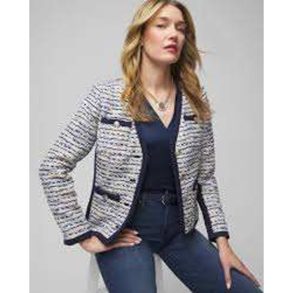 WHBM Tweed Gold Button Blazer Women 2 Navy Multi Preppy Sophisticated